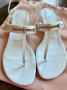 Christian Louboutin White Croc-Embossed T-Strap Sandals with Gold Chain